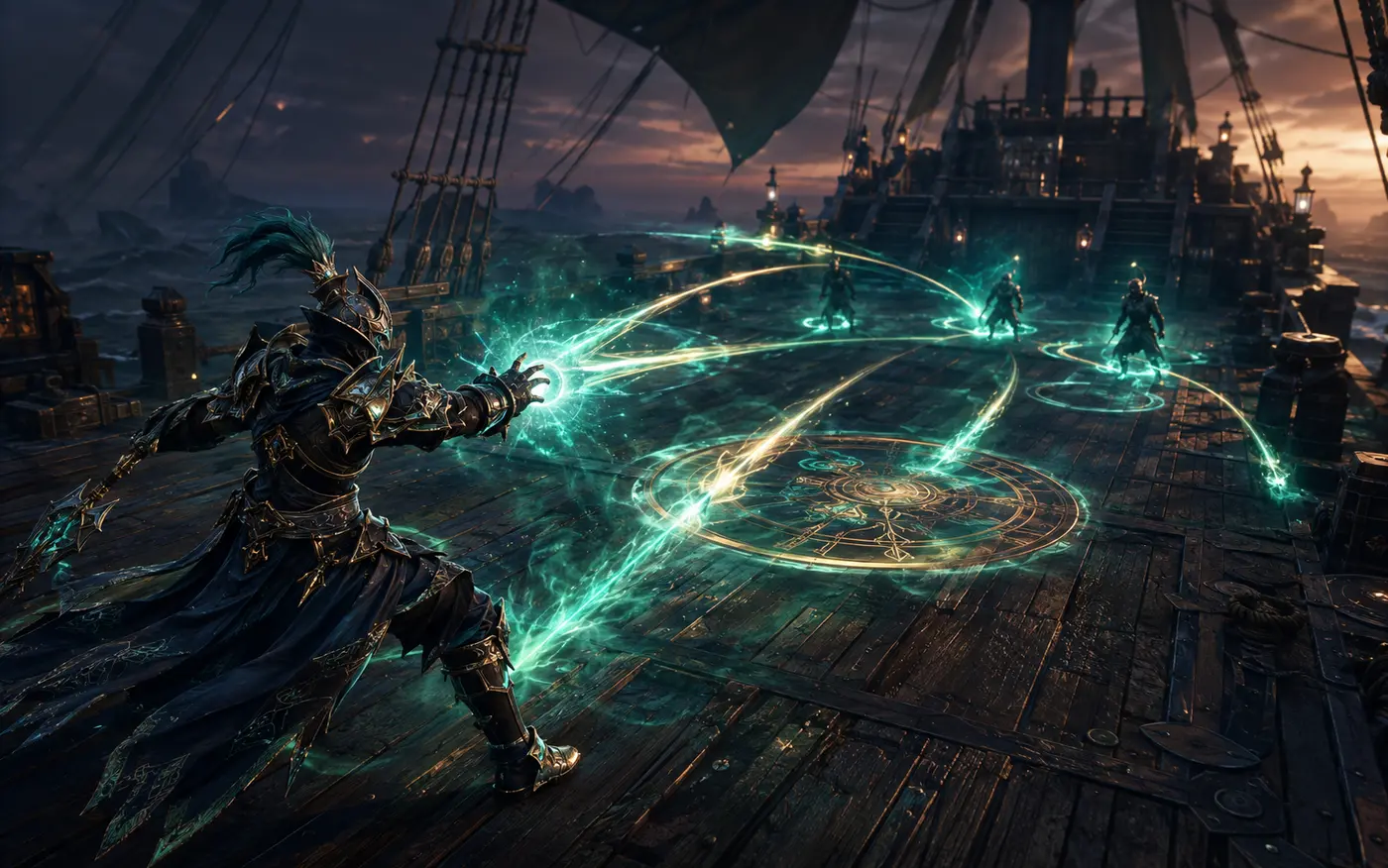 Fantasy character ability effects during combat on a ship deck
