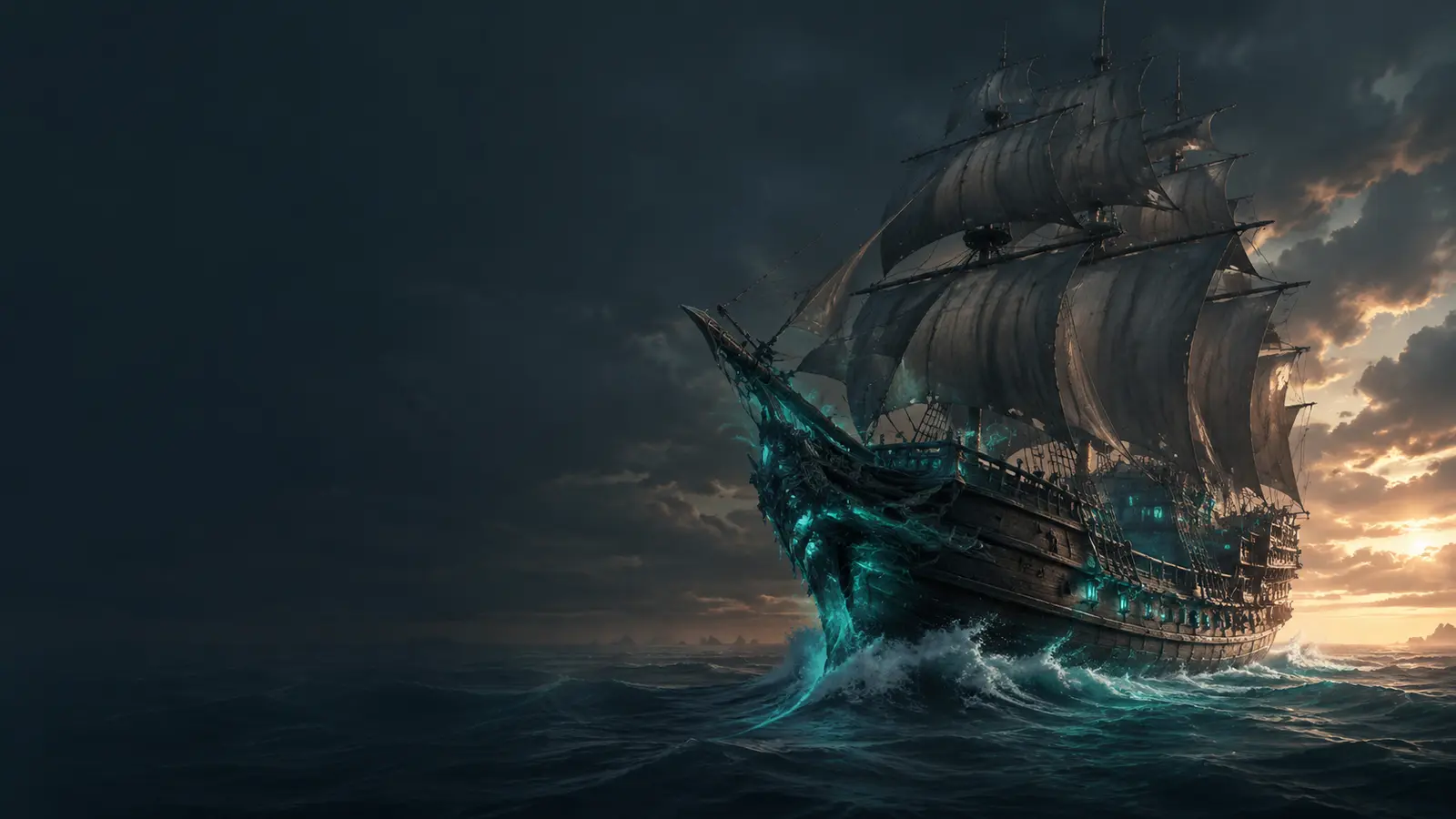 A fantasy sailing ship crossing a dark ocean at sunset